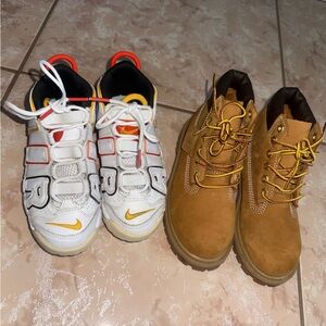 Timberland Tan Kids Boots and White Nike Sneakers 13c both